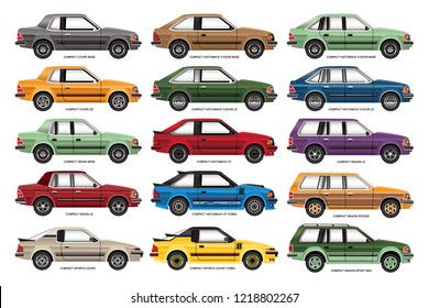 Vector illustration of a line-up of retro compact cars.