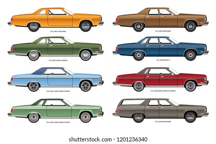 Vector illustration of a line-up of retro full-size sedan, coupes and wagons.