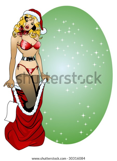 Vector Illustration Of A Lingerie Clad Sexy Pinup Climbing Out Of A Santa Sack For More Pinups