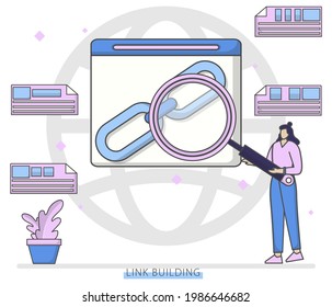 Vector illustration link building concept with a women holding magnifying glasses. Good for landing page, web, banner, flyer, poster, template, marketing, promotion
