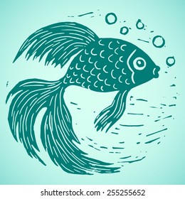 Vector illustration of linocut blue goldfish in a circle isolated on the background