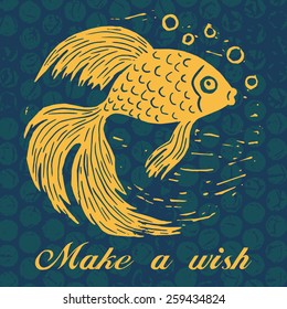 Vector illustration of linocut goldfish isolated on dark blue background with textured bubbles. With a text Make a wish