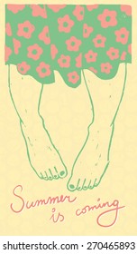 Vector illustration with linocut print of barefoot girl in a dress on a walk. Interesting view from above on the feet. Summer is coming. With handwritten text and texture on the background