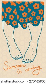 Vector illustration with linocut print of barefoot girl in a dress on a walk. Interesting view from above on the feet. Summer is coming. With handwritten text and texture on the background