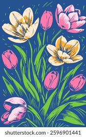 Vector illustration in linocut style depicting blooming tulips and other flowers on a dark blue background.