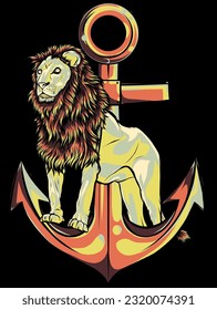 vector illustration of lion with anchor on black background