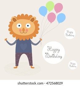Vector illustration with lion with balloons. Children birthday card.