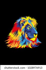 Vector illustration of lion with bright colors and black background