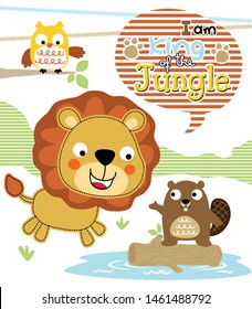 Vector illustration of lion cartoon with beaver on tree trunk, owl on tree branches
