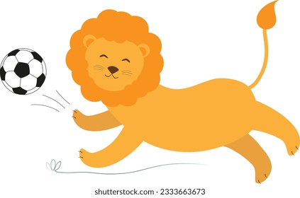 Vector illustration with lion character playing soccer ball in cartoon style