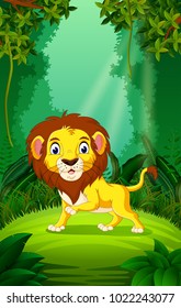 vector illustration of Lion in the clear and green forest