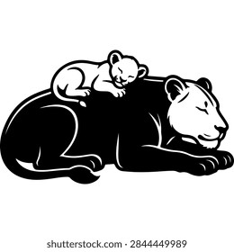Vector illustration of a lion cub sleeping on mother