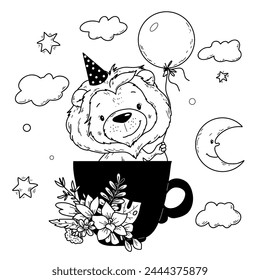 Vector illustration, lion in a cup with a balloon in handdraw doodle style.