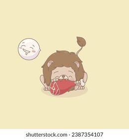 A Vector illustration of a Lion is eating a meat. Suitable for product with zoo concept, cute concept, kids product, sticker, greeting card, baby shower concept, birth card, etc