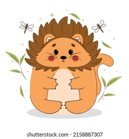 Vector illustration of a lion, lion in flat style with contours, cute lion isolated on a white background