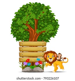 vector illustration of lion in front of an empty wooden signboard