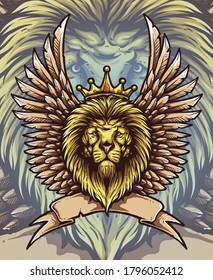 Vector Illustration of Lion head with crown and wings