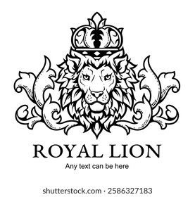 Vector illustration of lion head with crown, ornament and text.