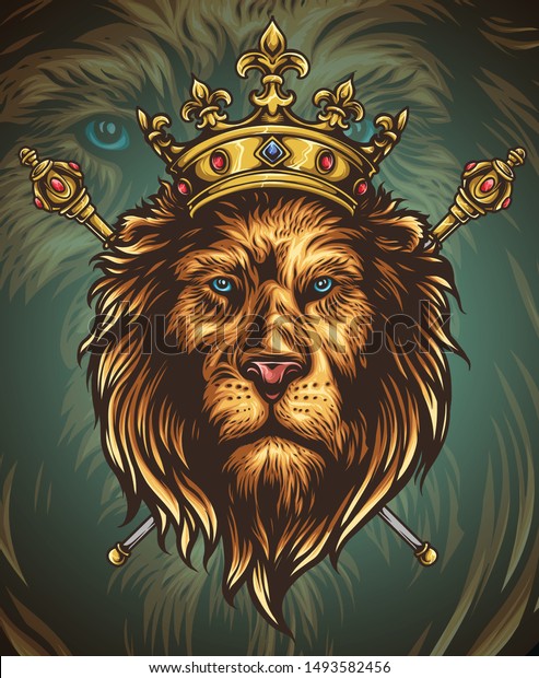 Vector Illustration Lion Head King Crown Stock Vector (Royalty Free ...