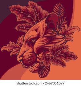 Vektorillustration von Löwenkopf und Blätterzusammensetzung