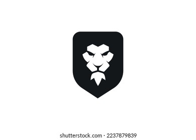 vector illustration of lion head and shield logo with simple minimalist and negative space style. perfect for any company.