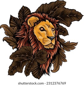 vector illustration of lion head surrounded by tropical plants leaves