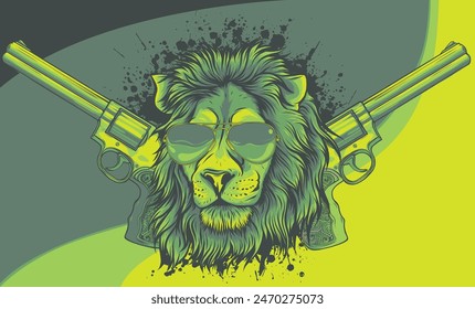 vector illustration of Lion head with two gun