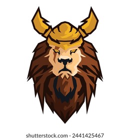 vector illustration of lion head wearing Viking helmet in colorful geometric or low poly style