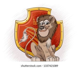Vector illustration of a lion and a heraldic shield
