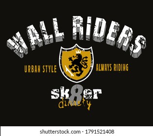 Vector illustration of lion in heraldic style with skateboard with text alluding to the sport.