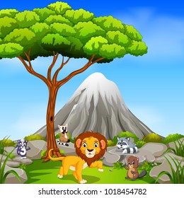 vector illustration of lion in the jungle with mountain scene