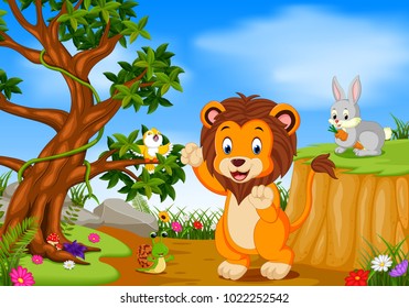 vector illustration of Lion with mountain cliff scene