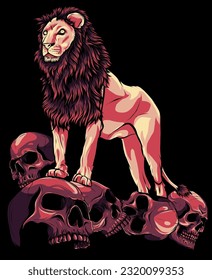 vector illustration lion mountain skull digital hand draw black background