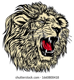 Vector illustration of lion on roaring in close up view, with detail of it's hair