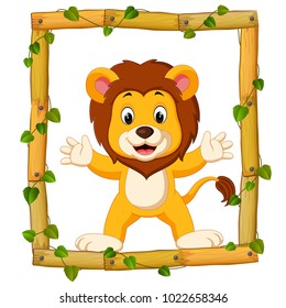 vector illustration of Lion on the wood frame with roots and leaf