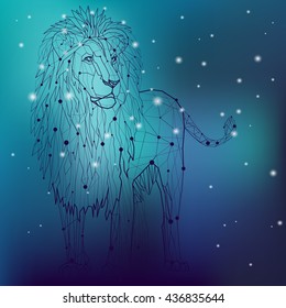 Vector illustration. The lion in outline low poly geometric style on the blue background with glowing light.