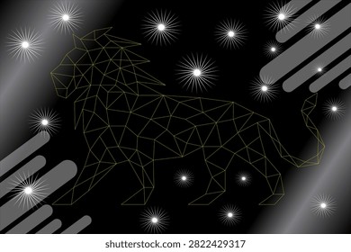 Vector illustration of a lion silhouette formed by golden lines and dots in a polygonal or connected-network art style, surrounded by glowing stars against a dark night sky background. This design conveys strength, elegance, and a modern aesthetic, and is fully editable—colors, sizes, and element arrangements can be customized to fit any project. Perfect for Leo zodiac themes, strength symbols, logos, decorations, space-themed content, posters, t-shirt prints, and various other graphic design elements. The vector format ensures the image remains sharp and high-quality at any size or resolution.