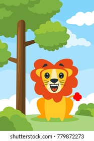 Vector illustration of a Lion sit and smiling. Cartoon lion. Suitable to use for children book and animal education
