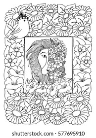 Vector illustration a lion surrounded flowers in a frame on where a bird is sitting. Work made by hand. Book Coloring anti-stress for adults and children. Black and white.
