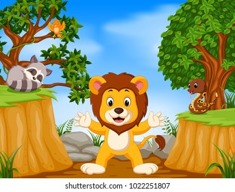 vector illustration of Lion and wild animal with mountain cliff scene