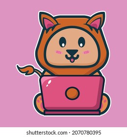 vector illustration of lion working behind a laptop