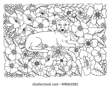 Vector illustration lioness surrounded by flowers.Black and white.