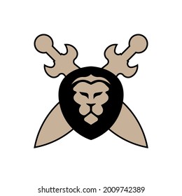 Vektorgrafik eines Löwenkopfes in einem Schild und zweier Schwerter auf der Rückseite, ideal für E-Sport-Symbole oder -Logos