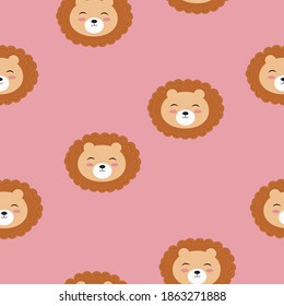 Dibujo vectorial de la cabeza de un león sobre un fondo blanco.Cuta caricatura de la cabeza de un león, patrón sin fisuras. Vector lindo patrón de repetición para tela, papel tapiz o papel de envoltura