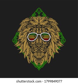 vector illustration the lion's head wears glasses against a background of green rectangular ornaments vintage engraving