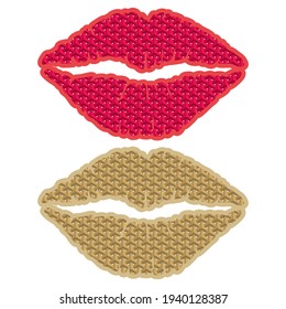 Ilustración Vectorial De La Impresión De La Lip Con Patrón 3D. Símbolo De Beso Aislado En Fondo Blanco. Marca de besos de lápiz labial
