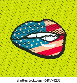 Vector illustration of a lip with national flag america in pop art style on a bright background with dots