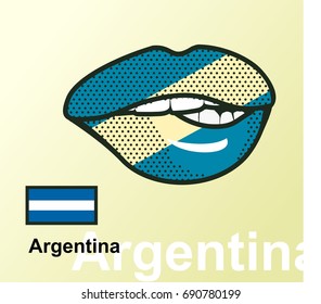 Vector illustration of lip painted Argentina flag isolated. Foreign language national symbols.