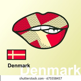 Vector illustration of lip painted Denmark flag isolated, foreign language national symbols