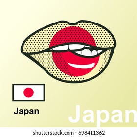 Vector illustration of lip painted Japan flag isolated, foreign language national symbols